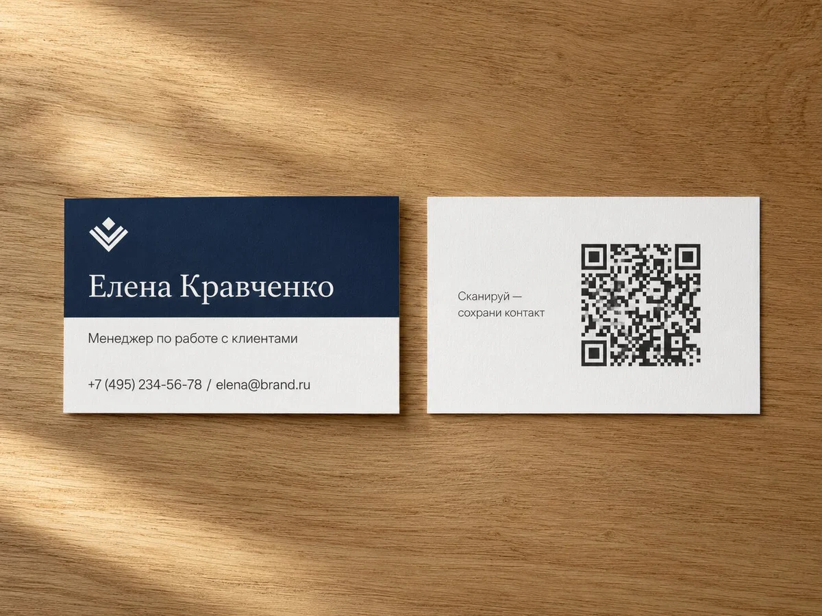 Двусторонняя визитка с QR-кодом на обороте — лицевая сторона с контактами и оборот с QR на сайт-портфолио
